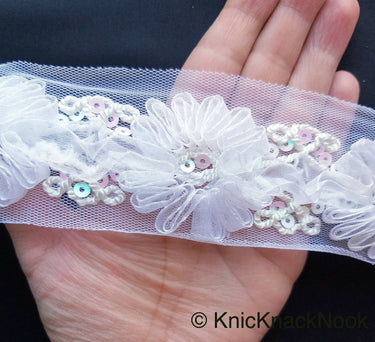Wholesale White Flower Tissue Net Fabric Lace Trim With Sequins, Floral Trim, Wedding Supplies Trim By 9 Yards